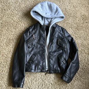 Black Faux Leather Jacket with Detachable Gray Hoodie Size Small